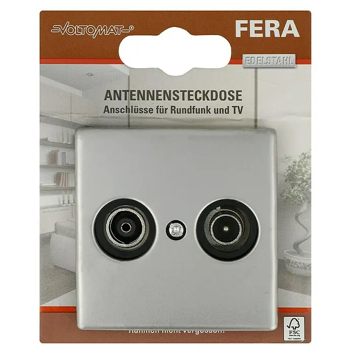Voltomat FERA Antennendose - Edelstahl, Glänzend, Edelstahl, Unterputzmontage - Fera Antennensteckdose für Rundfunk und TV-Anschlüsse, aus Edelstahl und mit zwei Buchsen für den Empfang von Radio- und Fernsehsignalen.