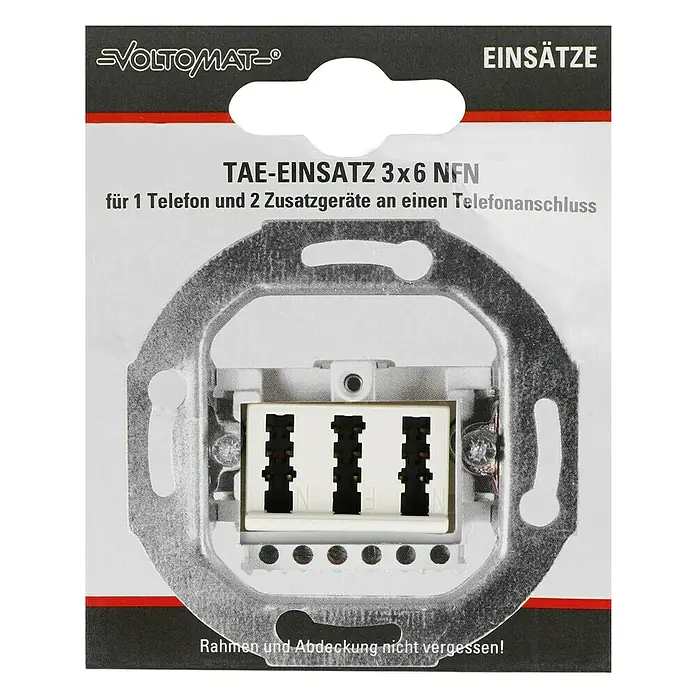 TAE-Dosen-Einsatz - Unterputzmontage - Produktfoto eines TAE-Einsatzes 3x6 NFN von Voltomat, geeignet für den Anschluss von Telefon und zwei Zusatzgeräten.