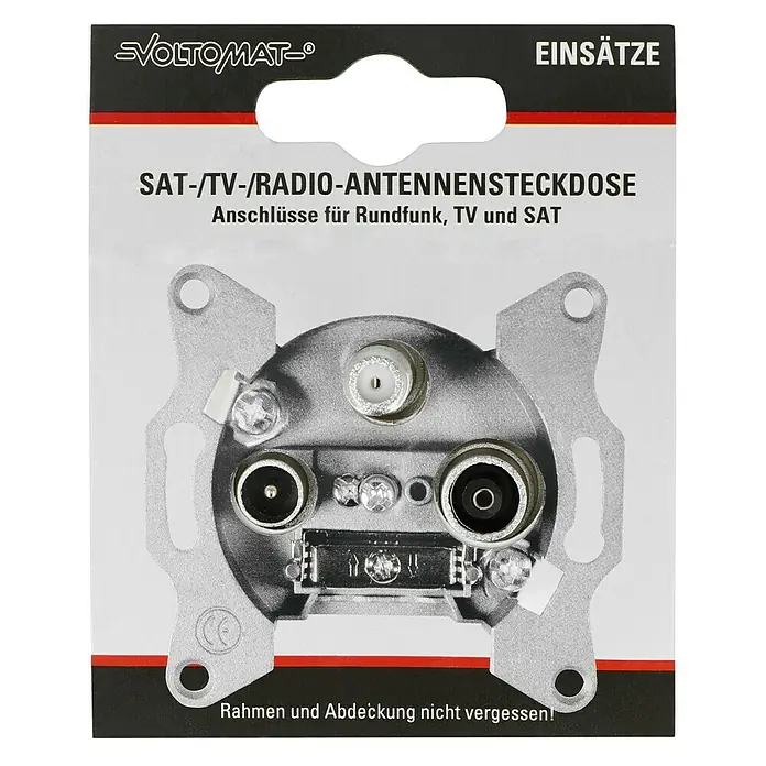 Antennendosen-Einsatz - 2-fach - Abbildung einer SAT-/TV-/Radio-Antennensteckdose von VOLTOMAT, ein Einsatz für Rundfunk-, TV- und SAT-Anschlüsse, inklusive Rahmen.