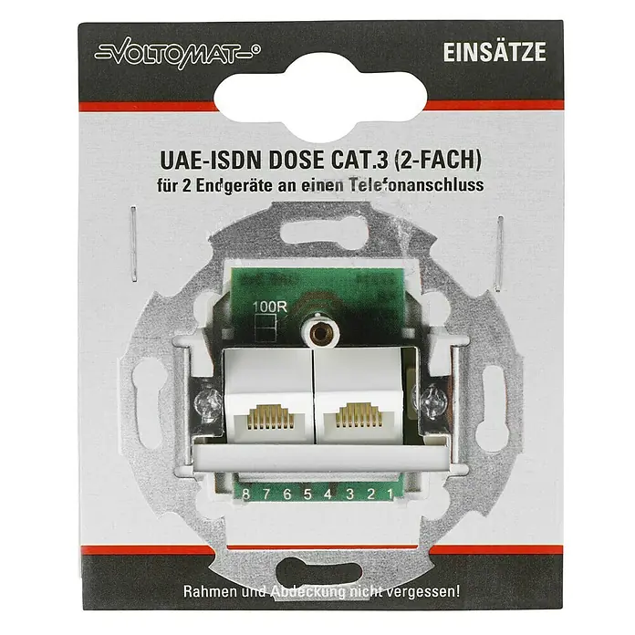 UAE-Dosen-Einsatz - 2-fach, Unterputzmontage - Das Bild zeigt eine UAE-ISDN Dose CAT.3 (2-fach) von VOLTOMAT-®, ein Einsatz für den Anschluss von zwei Endgeräten.