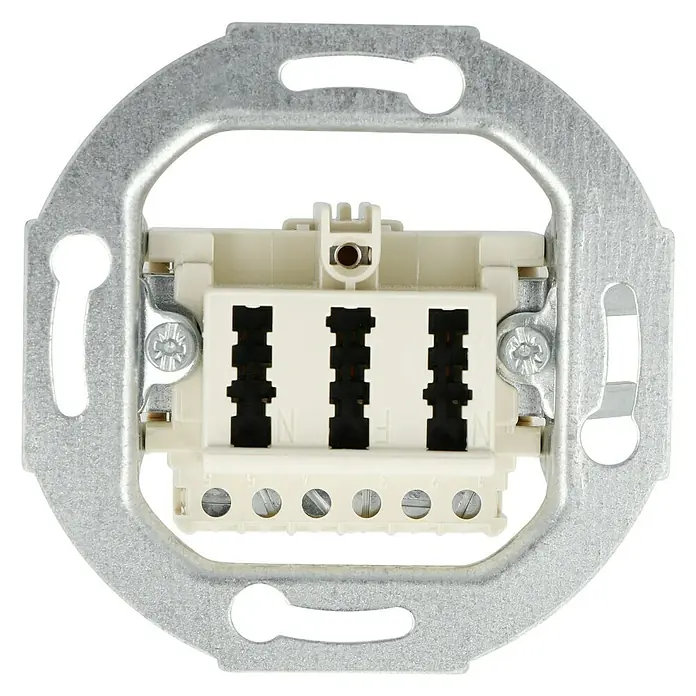 TAE-Dosen-Einsatz - Unterputzmontage - Nahaufnahme einer Geräterückseite eines Drehschalters mit Metalleinfassung, der sich ideal für Elektroinstallationen eignet.