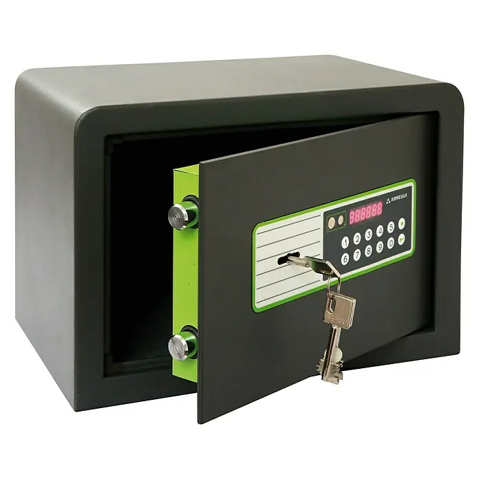 Arregui Caja fuerte Supra 240020 - L x An x Al: 35 x 25 x 25 cm, Tipo de bloqueo: Códigos de usuario, 16 l - Caja fuerte abierta con cerradura digital y llaves visibles.