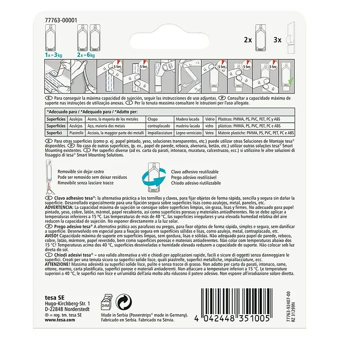 Tesa Clavo adhesivo - Blanco, Carga soportada: 3 kg, 2 ud. - Paquete de clavos adhesivos Tesa. Los clavos adhesivos ofrecen una alternativa práctica a los tornillos y clavos para fijar objetos.
