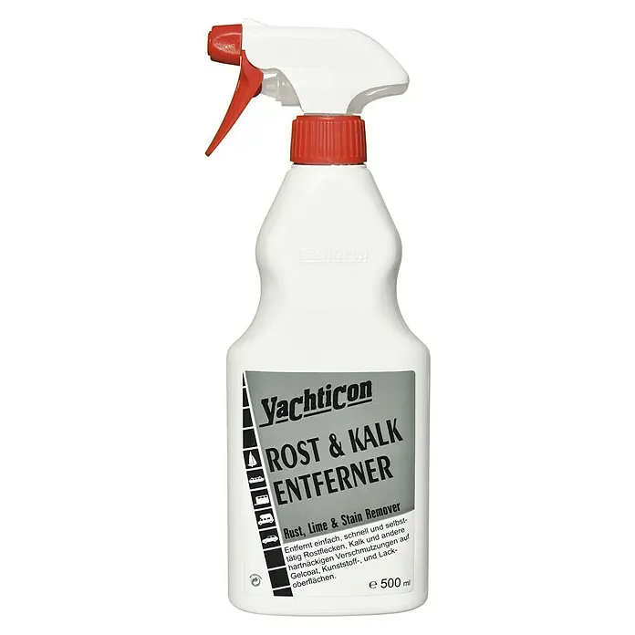 Yachticon Rost- & Kalkentferner - 500 ml, Flüssig - Sprühflasche Yachticon Rost & Kalk Entferner. Das Produkt beseitigt Rost, Kalk und Flecken und eignet sich für Gelcoat-, Kunststoff- und Lackoberflächen.