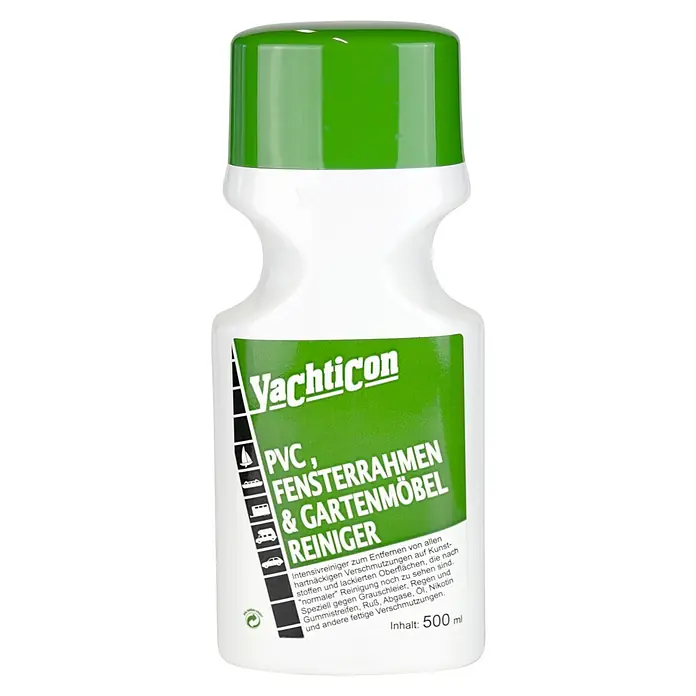 Yachticon Reinigungsmittel PVC, Fensterrahmen, Gartenmöbel - 500 ml - Abgebildet ist eine Flasche Yachticon PVC-, Fensterrahmen- und Gartenmöbel-Reiniger. Der Reiniger entfernt hartnäckige Verschmutzungen und hinterlässt saubere Oberflächen.