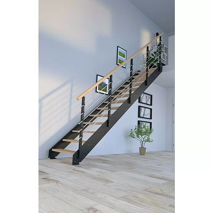 Starwood Wangentreppe Kos - Farbton Metall: RAL 9005, Breite: 106 cm, Eiche, Geschosshöhe: 220 cm - 280 cm, Gerade, Metallgeländer pulverbeschichtet, Stufen unbehandelt - Moderne freitragende Treppe mit schwarzem Metallrahmen, hellen Holzstufen und Naturholzhandlauf, ausgestattet mit horizontalen Metallstäben.