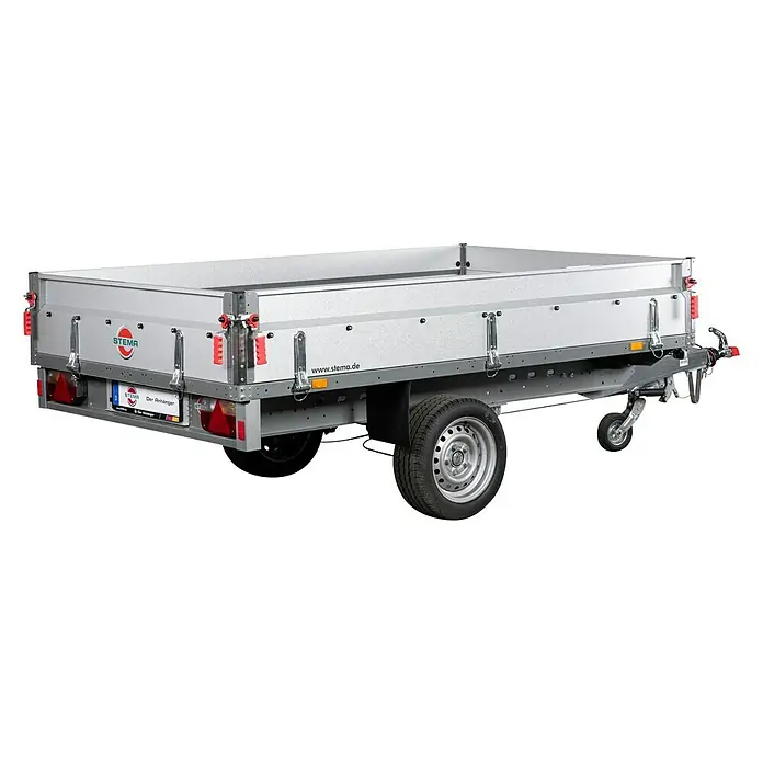 Stema Anhänger Basic SH 1300-25-15.1 - Nutzlast: 966 kg, Einachser, Kasteninnenmaß: 251 x 153 x 34,5 cm, Gebremst - Der Stema Anhänger mit erhöhten Seitenwänden und Reserverad ist ein vielseitiger und robuster Transportbegleiter für jede Aufgabe.