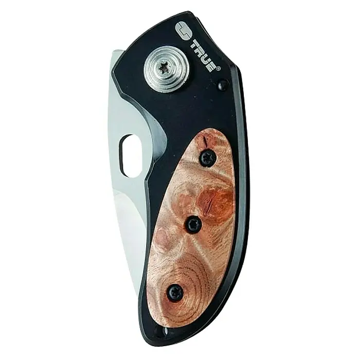 True Utility Taschenmesser Jacknife TU576K - Edelstahl 420 - Nahaufnahme eines Taschenmessers mit Holzgriff und silberner Klinge, ideal für den täglichen Gebrauch.