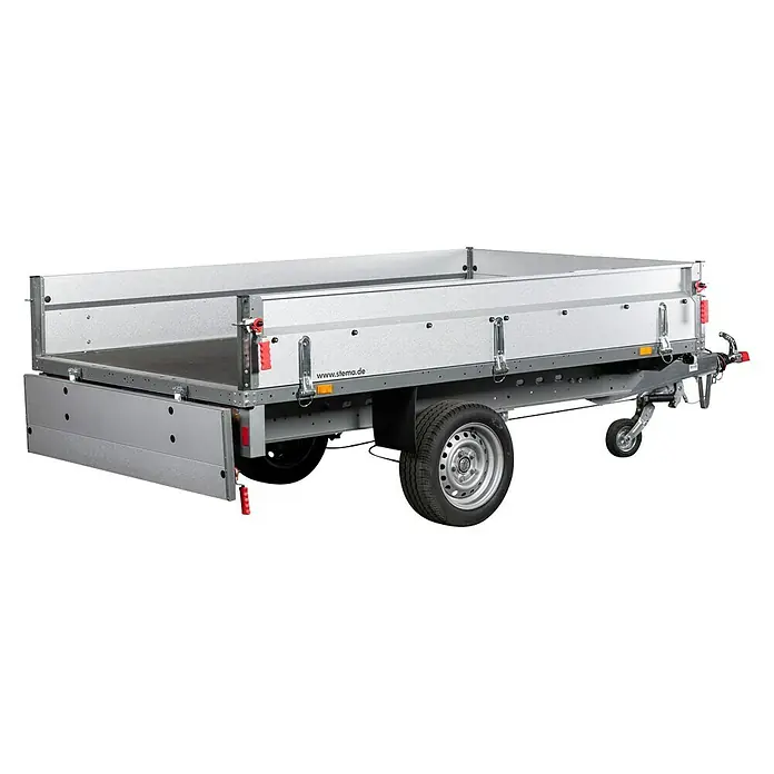 Stema Anhänger Basic SH 1300-25-15.1 - Nutzlast: 966 kg, Einachser, Kasteninnenmaß: 251 x 153 x 34,5 cm, Gebremst - Ein silberfarbener Anhänger mit schwarzer Ladefläche, abnehmbarer Rückwand und einem Stützrad. Ideal für den Transport von Gütern.