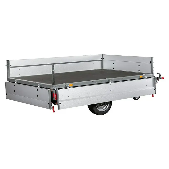 Stema Anhänger Basic SH 1300-25-15.1 - Nutzlast: 966 kg, Einachser, Kasteninnenmaß: 251 x 153 x 34,5 cm, Gebremst - Hier ist ein Ansicht eines flachen Anhängers, ideal für den Transport verschiedener Lasten. Er ist robust und zuverlässig.