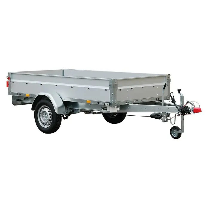 Stema Anhänger BASIC ST 1000-25-13.1 - Nutzlast: 740 kg, Einachser, Kasteninnenmaß: 251 x 128 x 35 cm, Gebremst - Ein silberner Anhänger mit einem einzelnen Rad und einem roten Griff für den Transport von Gütern.