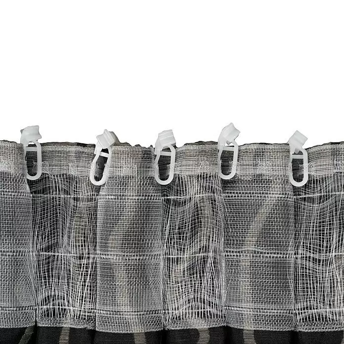 Schlaufenschal Stream - B x H: 135 x 300 cm, 100 % Polyester, Taupe - Nahaufnahme von transparentem, gemustertem Vorhangstoff mit weißen Kunststoff-Gardinenhaken am Gardinenband.