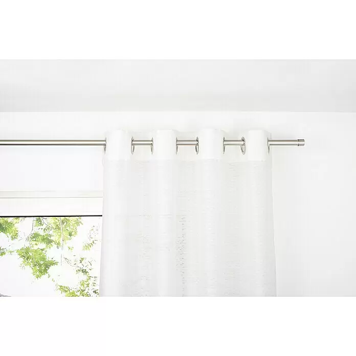 Ösenschal Dot - B x H: 135 x 245 cm, 100 % Polyester, Weiß - Weißer transparenter Vorhang mit silbernen Ösen an einer silbernen Gardinenstange.