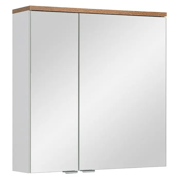 Astor Spek SpiegelschrankB x H: 60,2 x 61,6 cm, Ohne Beleuchtung, Holz, Weiß/Holzoptik - Ein rechteckiger Spiegelschrank mit zwei Türen und einem Holzaufsatz. Er bietet praktischen Stauraum im Badezimmer.