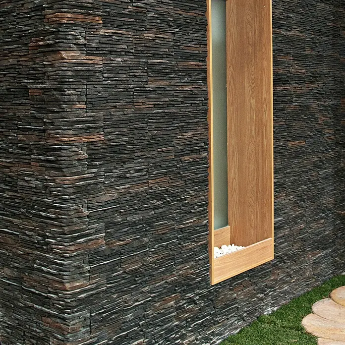 Esquina exterior Galicia PIzarra - 20 x 12,5 x 10 cm, Antracita - Revestimiento de pared con piedra natural y marco de madera elegante, que ofrece un elemento de diseño moderno y elegante para cualquier espacio.
