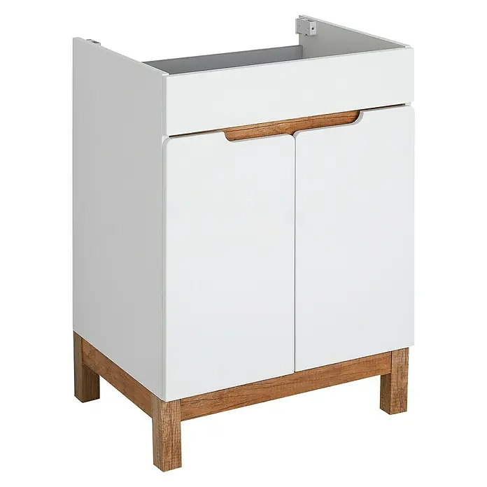 Astor Spek Waschtischunterschrank - 59,7 x 45,7 x 83,3 cm, Weiß/Eiche-Optik, Hochglanz, 2 Türen - Weißer Waschtischunterschrank mit Holzdetails. Der moderne Schrank bietet Stauraum und fügt sich stilvoll in jedes Badezimmer ein.
