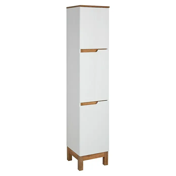 Astor Spek Hochschrank - 35,2 x 35,6 x 170,5 cm, Weiß/Eiche-Optik - Elegantes, weißes Sideboard mit Holzdetails, das stilvolles Design und praktische Aufbewahrung in Ihrem Zuhause vereint. Ideal für Wohn- oder Schlafzimmer.