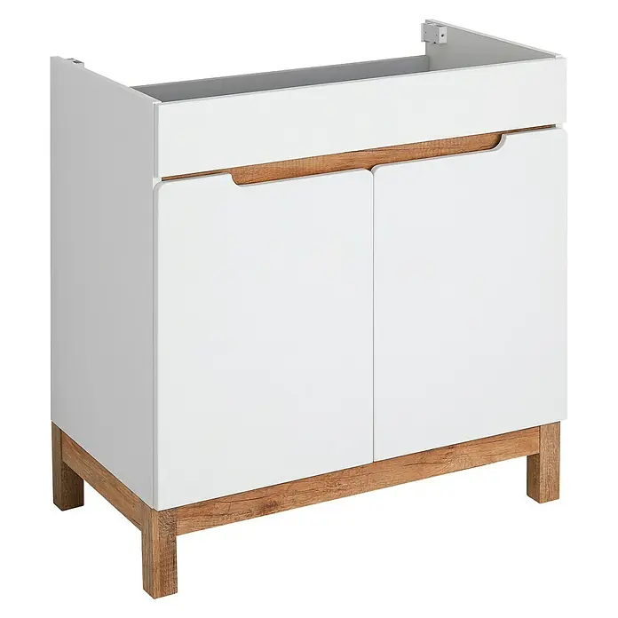 Astor Spek Waschtischunterschrank79,7 x 45,7 x 83,3 cm, Weiß/Eiche-Optik, Hochglanz, 2 Türen - Ein weißer Badezimmerschrank mit zwei Türen und einem Holzrahmen am Sockel und an der Oberseite.