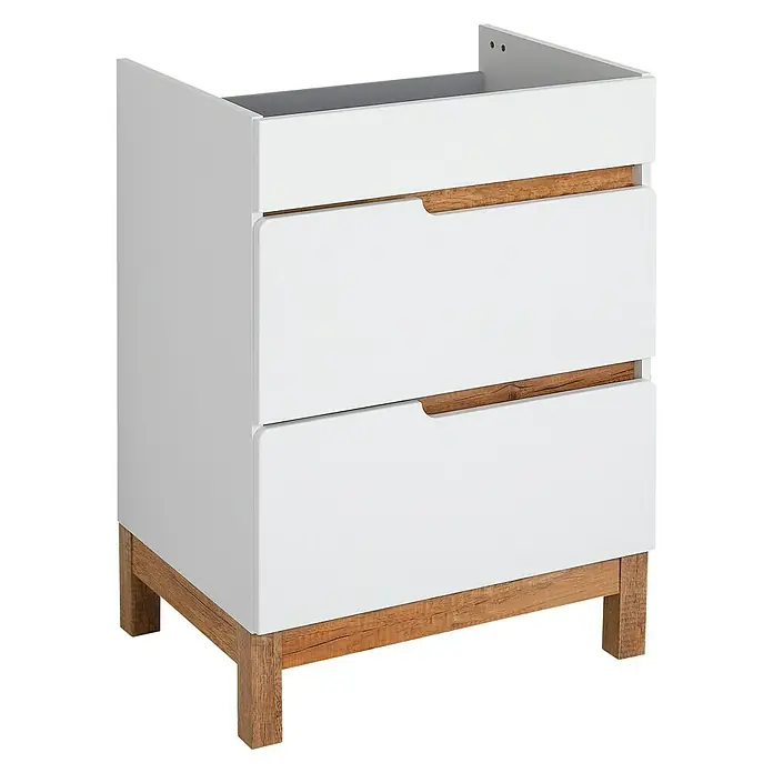 Astor Spek Waschtischunterschrank - 59,7 x 45,7 x 83,3 cm, Weiß/Eiche-Optik, Hochglanz, 2 Schubkästen - Weißer Badezimmerschrank mit zwei Schubladen und Holzdetails für ein modernes und stilvolles Badezimmerdesign.