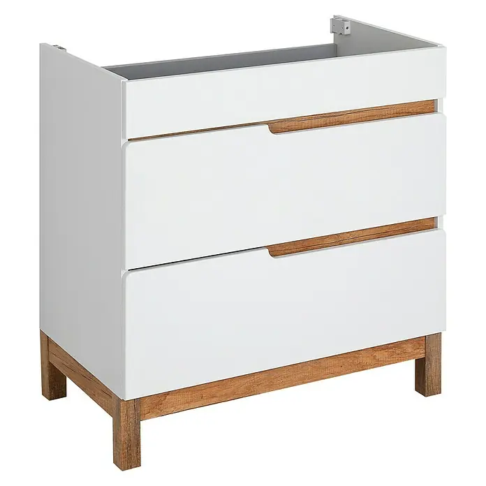 Astor Spek Waschtischunterschrank - 79,7 x 45,7 x 83,3 cm, Weiß/Eiche-Optik, Hochglanz, 2 Schubkästen - Weißer Waschtischunterschrank mit zwei Schubladen und Holzdetails für ein modernes Badezimmerdesign.