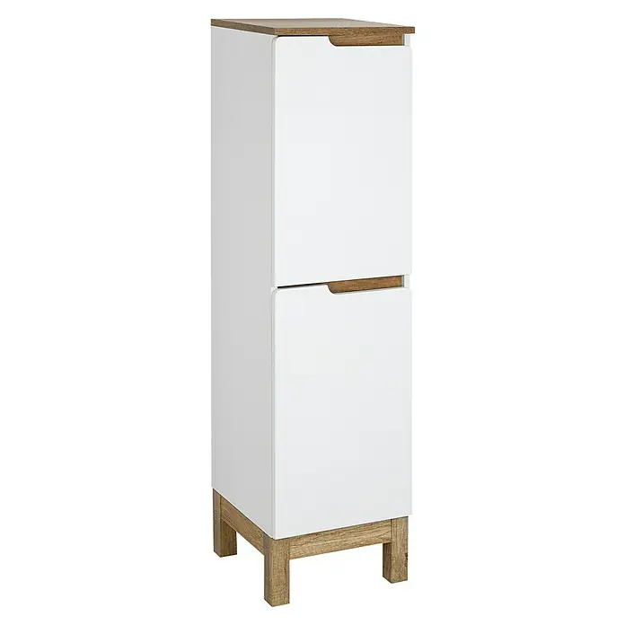Astor Spek Midischrank - 35,2 x 35,6 x 126,8 cm, Weiß/Eiche-Optik - Ein schmaler, weißer Badezimmerschrank mit zwei Schubladen und Holzdetails an Griffen, Oberseite und Beinen. Praktisches Badmöbel.