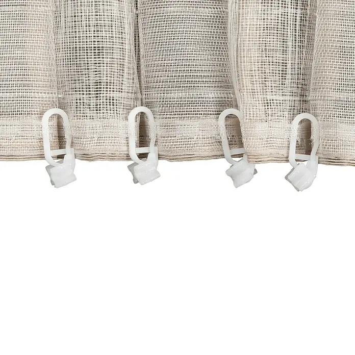 Schlaufenschal Soft - B x H: 135 x 245 cm, 100 % Polyester, Sand - Detailaufnahme von Gardinenhaken an einer beigen Gardine. Ideal zur Befestigung und Aufhängung von Vorhängen.