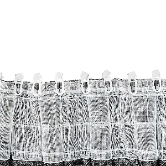 Schlaufenschal Chalet - B x H: 135 x 300 cm, 100 % Polyester, Anthrazit - Nahaufnahme eines weißen, transparenten Vorhangs mit Kunststoffhaken, der oben befestigt ist und einen sanften Lichtfiltereffekt bietet.