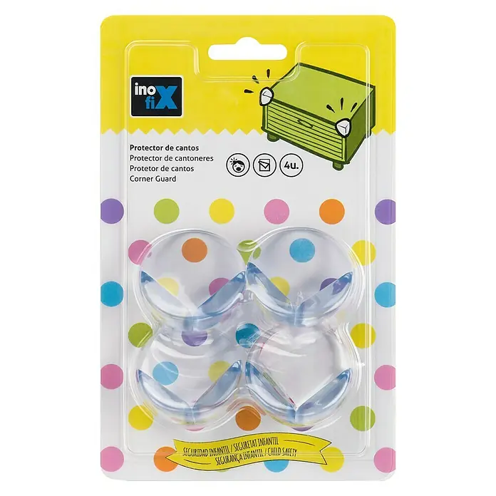 Inofix Protector para esquina 5000-0- - Transparente, 4 ud. - El paquete contiene cuatro protectores de esquinas transparentes con puntos de colores para proteger contra bordes afilados.