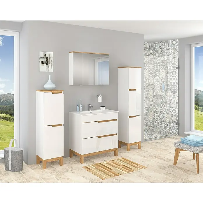 Astor Spek Hochschrank - 35,2 x 35,6 x 170,5 cm, Weiß/Eiche-Optik - Badezimmer-Ensemble mit Waschbeckenunterschrank, Spiegelschrank und Hochschränken in Weiß mit Holzdetails für ein modernes Ambiente.