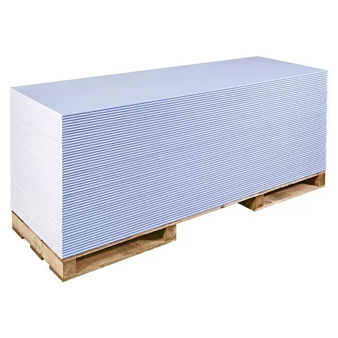 Rigips Gipskartonplatte die Blaue - 2.000 x 600 x 12,5 mm - Stapel hellblauer Gipskartonplatten auf einer Holzpalette.