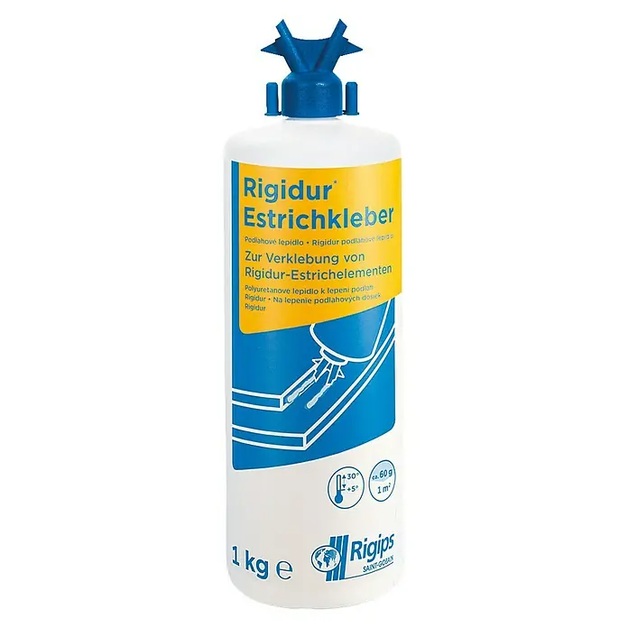 Rigips Rigidur Estrichkleber Nature Line - 1 kg - Abbildung einer Flasche Rigidur Estrichkleber, einem Polyurethan-Klebstoff zur Verklebung von Estrich-Elementen.