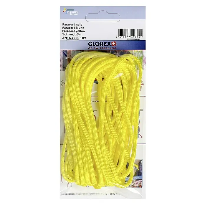 Glorex Bastelband Paracord - 2 Stk., Gelb, 500 cm - Gelbes Paracord 2x4mm, L:5m von Glorex of Switzerland, ideal für Hobby und Freizeit, präsentiert in einer transparenten Verpackung.