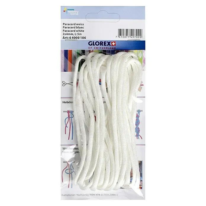 Glorex Bastelband Paracord - 2 Stk., Weiß, 500 cm - Eine Packung weißes Paracord von Hobby Time, ideal für Bastelarbeiten und kreative Projekte. Das Set enthält 5 Meter Paracord.