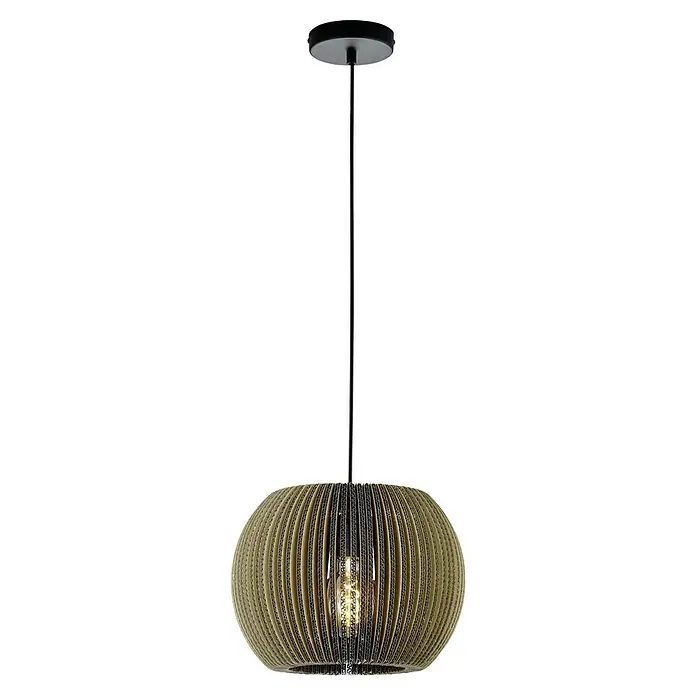 Hell Layer Pendelleuchte Rund - 27 cm, 40 W, Braun, E27, Rund - Eine stilvolle Pendelleuchte mit einem Lampenschirm aus Karton und einem schlanken, schwarzen Aufhängungssystem, das jedem Raum einen Hauch von modernem Design verleiht.