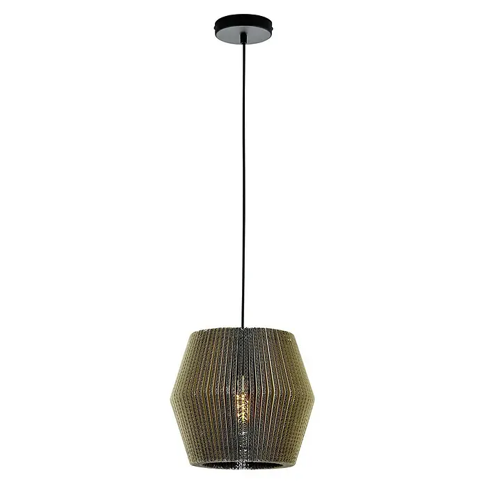 Hell Layer Pendelleuchte Eckig - 28 cm, 40 W, Braun, E27, Eckig - Eine Hängeleuchte mit einem Lampenschirm aus Pappe und einem schwarzen Aufhänger, die ein sanftes, diffuses Licht ausstrahlt.