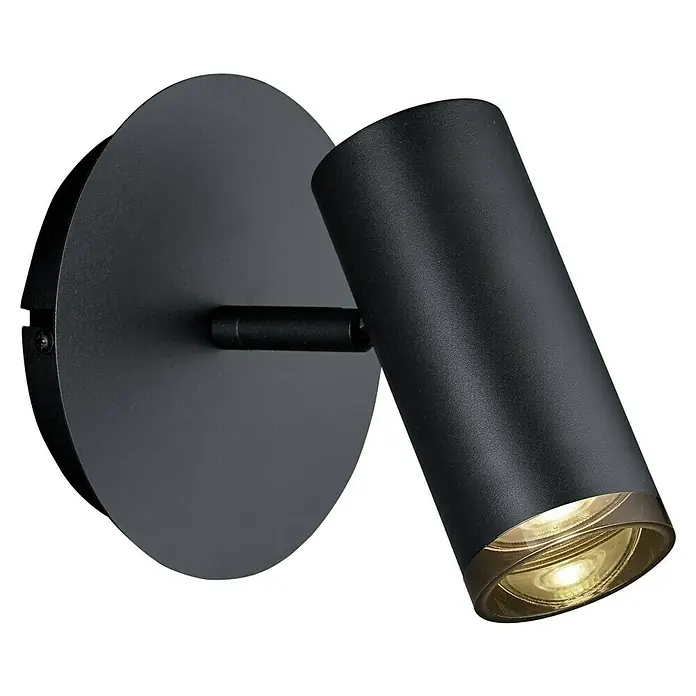 Hell Polo Deckenstrahler - 35 W, Schwarz, GU10, 1 Stk. - Nahaufnahme einer schwarzen Wandleuchte. Schlichtes, modernes Design mit zylindrischem Spot und runder Wandhalterung. Elegante Beleuchtung für Innenräume.