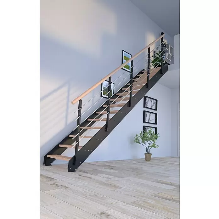 Starwood Wangentreppe Kos - Farbton Metall: RAL 9005, Breite: 87 cm, Buche, Geschosshöhe: 240 cm - 300 cm, Gerade, Metallgeländer pulverbeschichtet, Stufen unbehandelt - Moderne Treppe mit schwarzem Metallrahmen, hellen Holzstufen, Holzhandlauf und horizontalen Metallstäben.