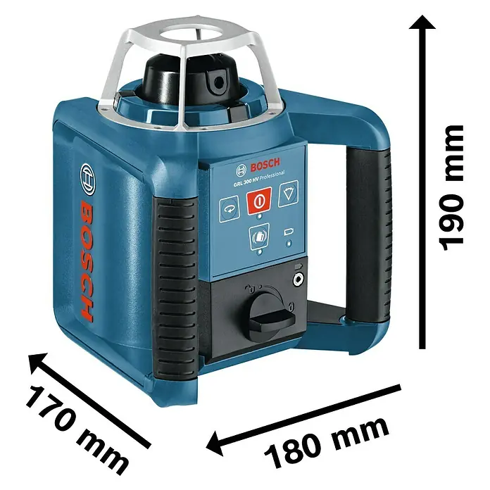 Bosch Professional Rotationslaser GRL 300 HV - Arbeitsbereich: Ø 60 m (ohne Empfänger), 10 -tlg. - Abbildung eines Bosch GRL 300 HV Professional Rotationslasers mit Größenangaben.
