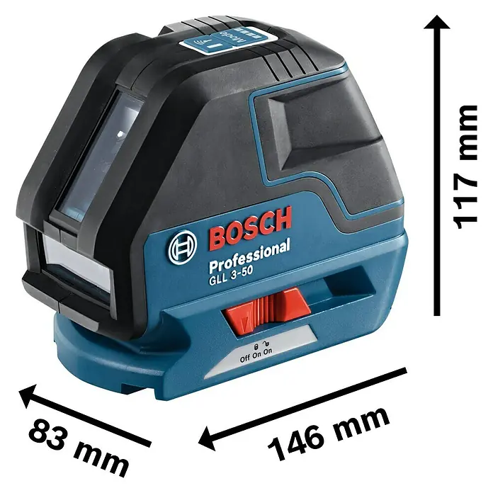 Bosch Professional Linienlaser GLL 3-50 - Arbeitsbereich: 50 m (mit Empfänger), 6 -tlg. - Bild eines Bosch GLL 3-50 Professional Linienlasers mit Größenangaben. Er ist blau und schwarz und hat eine Höhe von 117 mm.