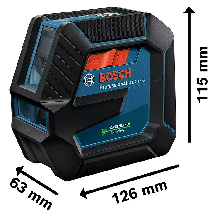 Bosch Professional Linienlaser GLL 2-15 G - Max. Arbeitsbereich: 15 m, 5 -tlg. - Abbildung des Bosch GLL 2-15 G Professional Linienlaser mit Maßangaben.