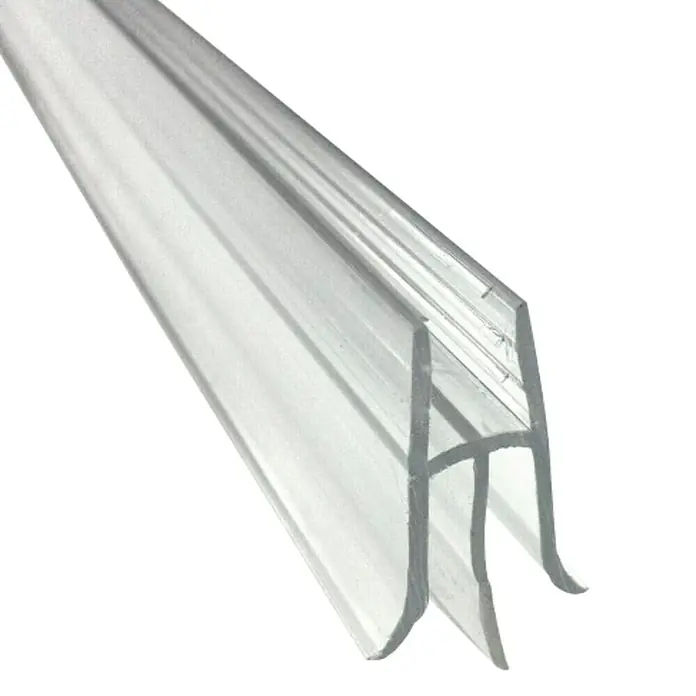 Perfil de sellado vierteaguas 3P 6-8 - L x An x Al: 100 cm x 5,5 mm x 36,5 mm - La imagen muestra un sello de puerta de ducha transparente en forma de H, utilizado para evitar fugas de agua creando una barrera hermética.