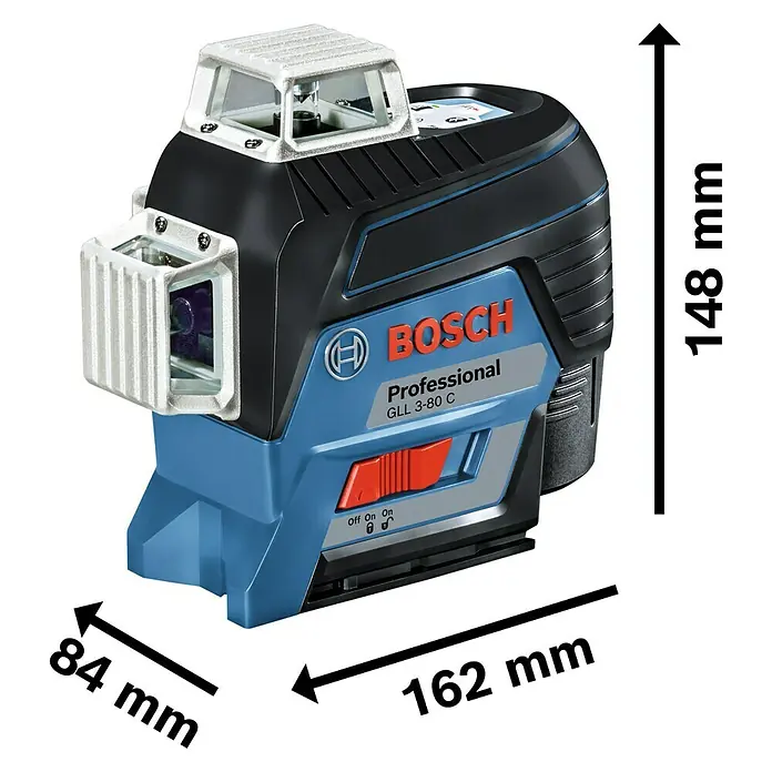 Bosch Professional Linienlaser GLL 3-80C - Max. Arbeitsbereich: 30 m, 5 -tlg. - Bild eines Bosch GLL 3-80 C Professional Linienlasers mit Abmessungsangaben.