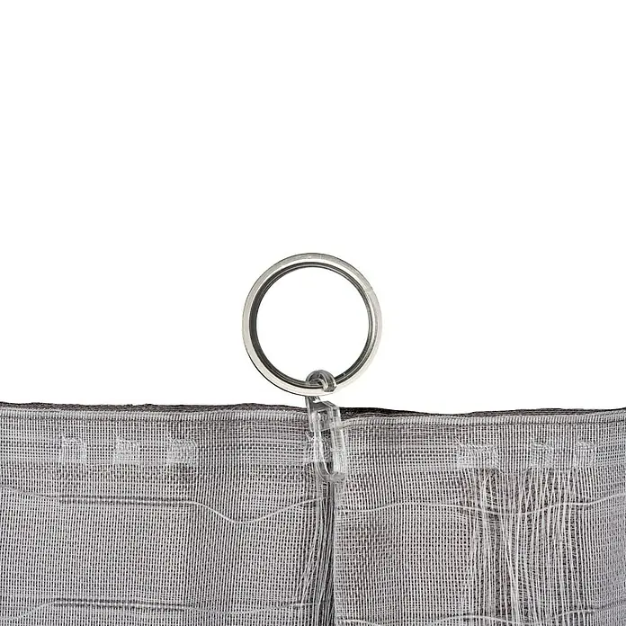 Schlaufenschal Leinen-Look - B x H: 135 x 300 cm, 100 % Polyester, Grau - Nahaufnahme eines Vorhangs mit silbernem Ring und durchsichtigem Clip, der die Textur des Stoffes hervorhebt.