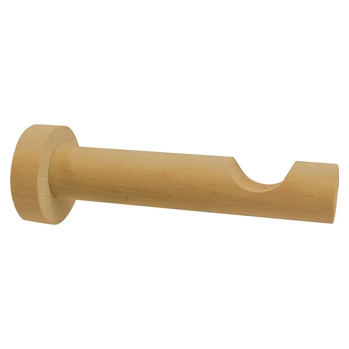Träger Domo - 1 Stk., Ø x L: 2,8 x 16 cm, Farbe: Buche - Nahaufnahme einer hölzernen Gardinenstangenhalterung mit flacher Oberfläche, die für eine einfache Montage an der Wand konzipiert ist.