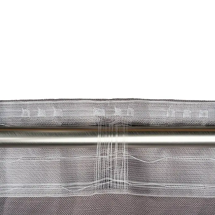 Schlaufenschal Leinen-Look - B x H: 135 x 300 cm, 100 % Polyester, Grau - Detailaufnahme einer Gardine mit Tunnelzugaufhängung an einer Metallstange, ideal für moderne Fensterdekoration.