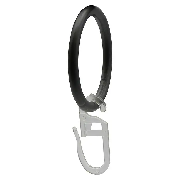 Rundring-Pack Faltenhaken - Anthrazit, 10 Stk., Geeignet für: Gardinenstangen Ø 20 mm - Nahaufnahme eines schwarzen Rings, der an einem durchsichtigen Kunststoffhaken befestigt ist.