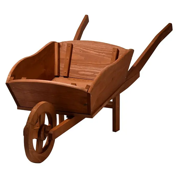 Dobar Pflanzschubkarre - 130 x 40 x 40 cm, Braun, Massivholz - Detailaufnahme einer hölzernen Schubkarre, die rustikale Eleganz und Funktionalität vereint, perfekt für Gartenarbeiten und Dekoration.