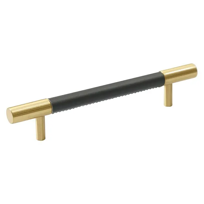 Möbelgriff - 2 Stk., Typ Möbelgriff: Stange, Leder, Länge: 180 mm, Gold/Grau - Nahaufnahme eines eleganten Möbelgriffs aus goldenem Metall mit schwarzem Lederakzent.