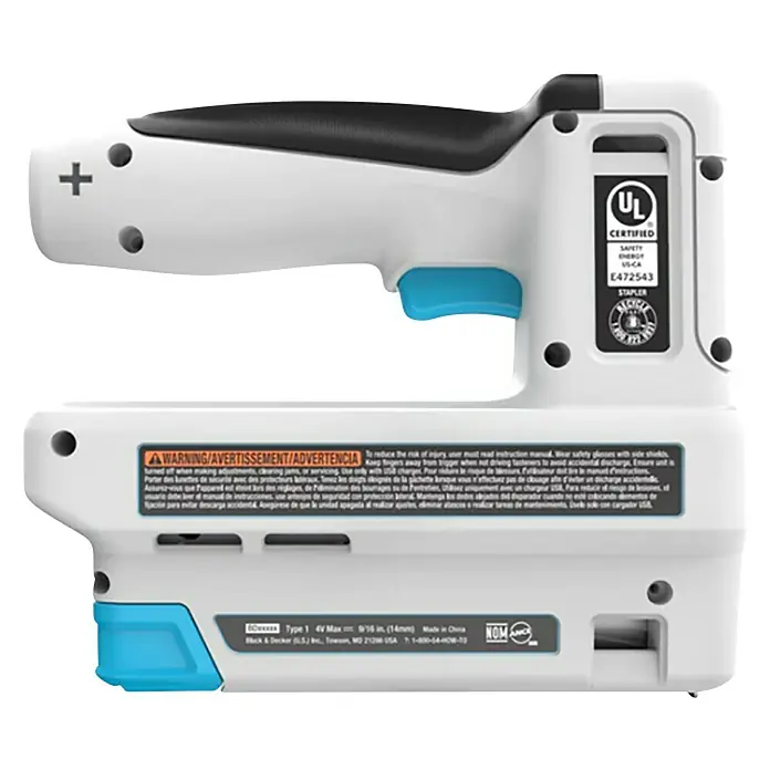 Black+Decker Grapadora de batería BCN115-XJ-Li - 3,6 V, 1 batería, 1,5 Ah - Un primer plano de una grapadora eléctrica inalámbrica, ideal para proyectos de bricolaje y tapicería.