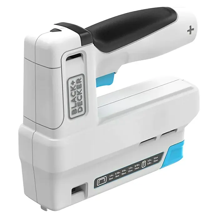 Black+Decker Grapadora de batería BCN115-XJ-Li - 3,6 V, 1 batería, 1,5 Ah - Primer plano de una grapadora eléctrica Black+Decker blanca y negra. Ideal para proyectos de bricolaje y mejora del hogar.